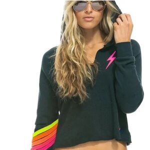 Aviator Nation Bolt Chevron 5 Stitch Split Neck Sweatshirt Charcoal/Neon size M